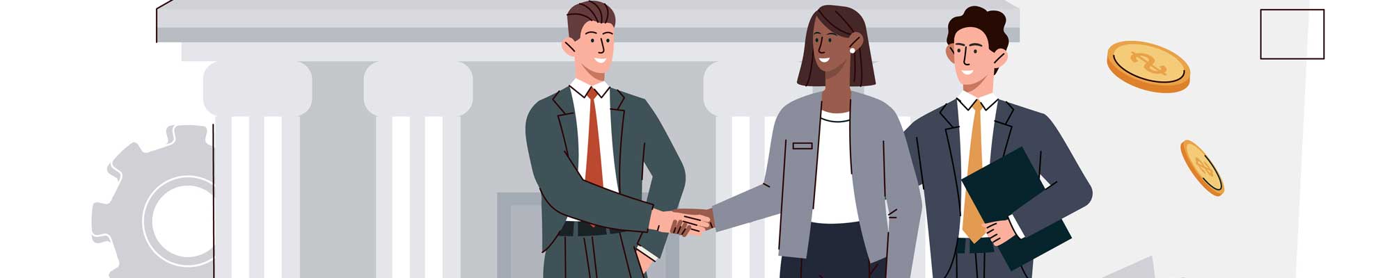 Banking industry concept. Man and woman shake hands next to gold coins and piggy bank at background of building. Financial literacy, transfers and transactions. Cartoon flat vector illustration